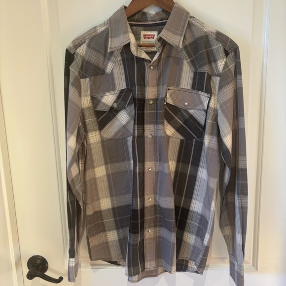 Levi’s Men’s Modern Western Pearl Snap Shirt M Gray Plaid Cowboy - Picture 1 of 11